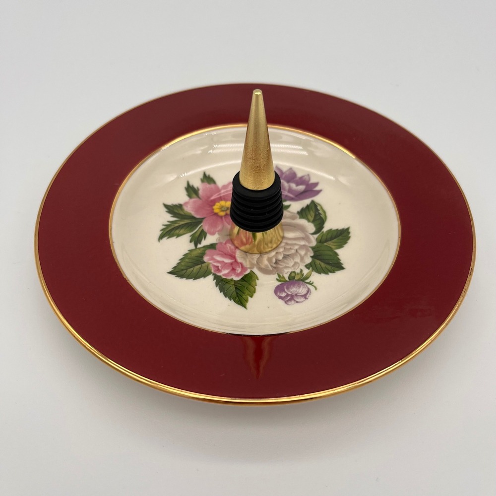Handmade Floral Ring Tray Burgundy Gold Trim Dresser Jewelry Dish 6in